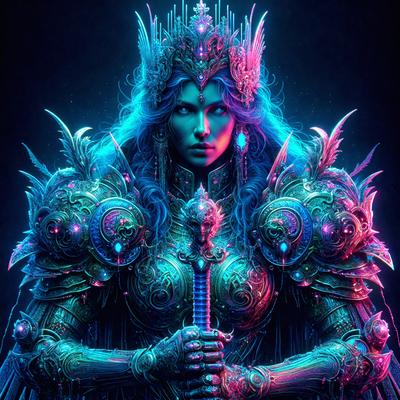 The primary subject of the image is a woman wearing a metal armor and holding a sword. She appears to be a warrior or a character from a fantasy story. The setting is a dark, colorful, and artistic environment, possibly a digital art or illustration. The visual style is a combination of fantasy and futuristic elements, creating a unique and captivating atmosphere. The colors and mood are predominantly dark and dramatic, with a touch of vibrant hues that add to the overall